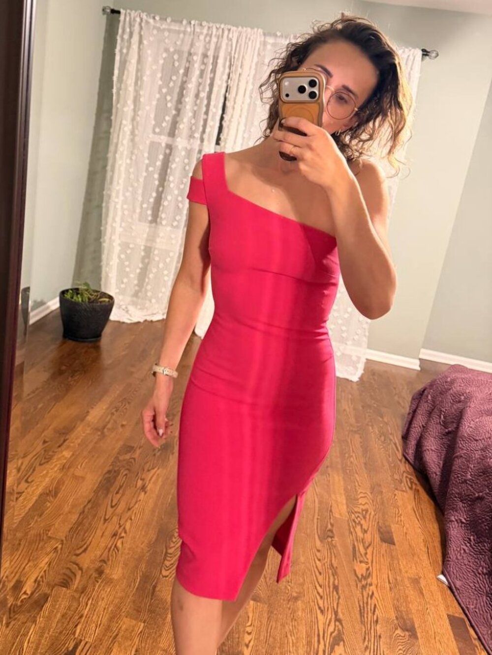 LIKELY Pink Banks One-Shoulder Midi Dress
